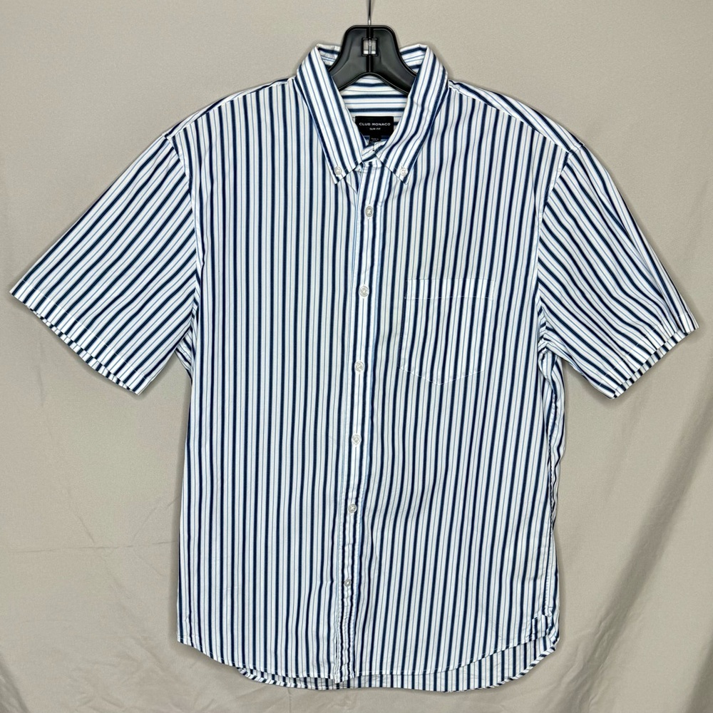 Club Monaco Navy and White Striped Button Down Shirt